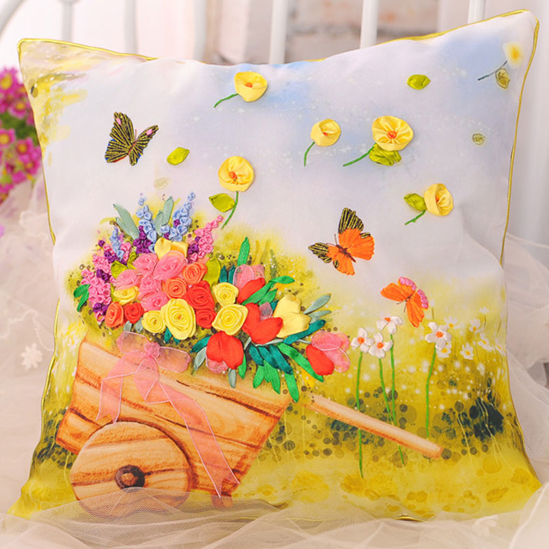 
                                        悠趣 手工绣丝带绣套件3D彩印 45x45CM 花卉方形抱枕花卉 C-142玫瑰蝴蝶梦                