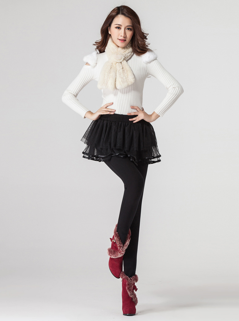 蜜诺依  2015秋季新款女装加绒加厚假两件网纱裙裤Q1398 黑色 XXL