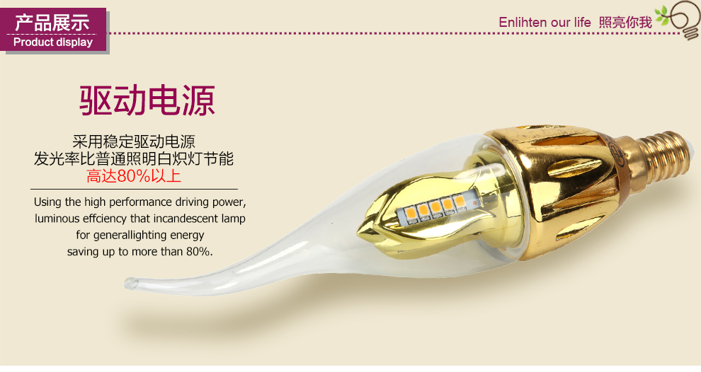 沪字牌led灯泡e14灯泡螺口水晶灯E14小螺口灯泡 尖泡银色3W E14 10支装 黄光