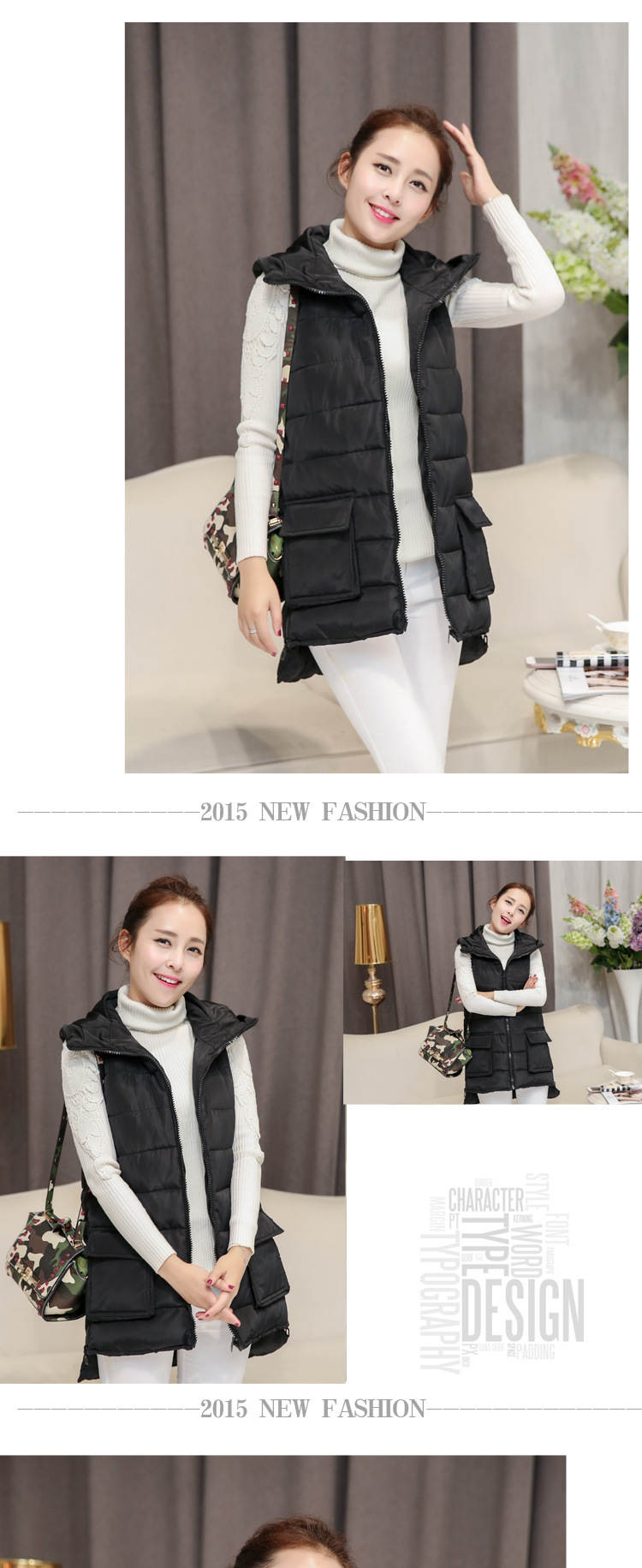 熙影 马甲女款2015秋装新款 修身羽绒服冬中长款连帽背心 杏色 L