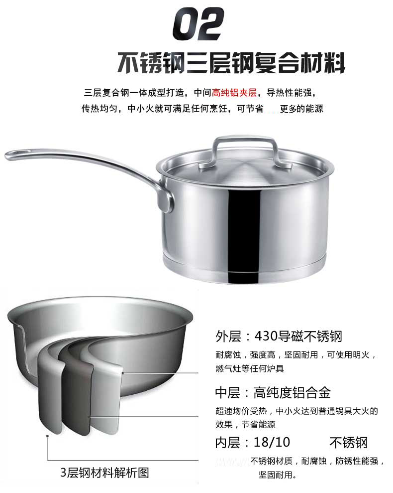 戴德Daeden不锈钢单柄奶锅汤锅不粘锅18cm DD011(三层复合底)