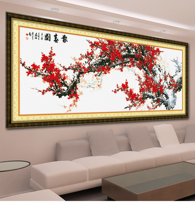 鸿胤皇室蒙娜丽莎新款十字绣客厅十字绣梅花报春图花卉大幅精准印花系列餐厅挂画 W262(简易14种绣线版) 长1.84米*宽0.65米