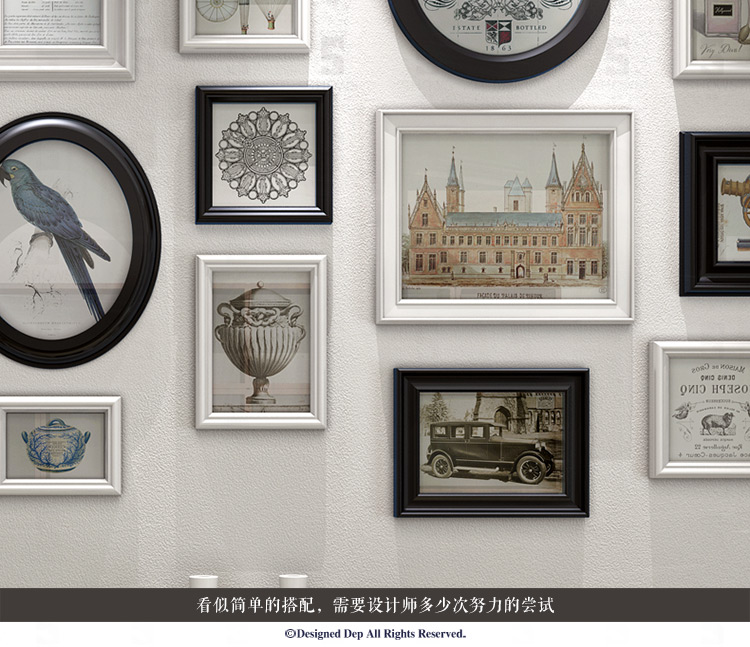 
                                        首玺 简欧餐厅照片墙地中海挂墙相框墙欧式小客厅创意相片墙W16 情迷地中海-蓝白框 整体尺寸170cmX78cm                