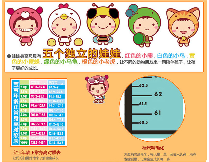 梓晨 实木照片墙 适合儿童房 6框身高贴相框组合11HD-006 白原胡+升高贴