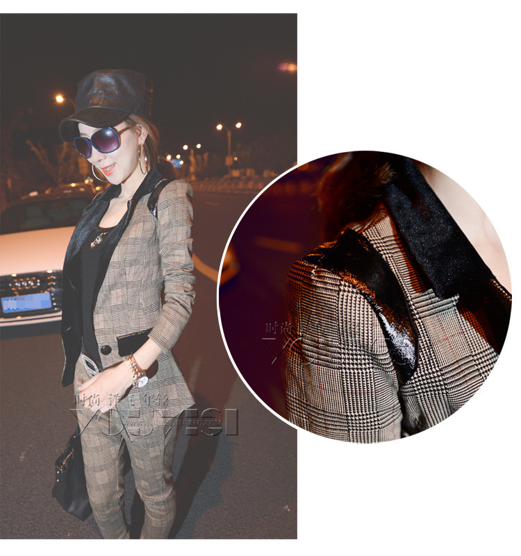 哒哇依  韩版小西装女外套时尚休闲格子女装修身长袖小西服套装 深卡其布色 XL码建议体重105-110斤