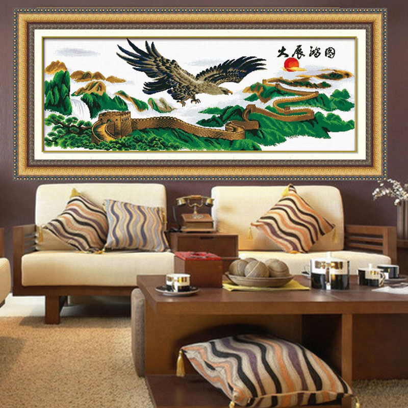 
                                        爱度ks 印花十字绣大展宏图迎客松万里长城老鹰雄鹰大幅客厅大幅画 马到成功150*50cm 客厅大画中格3股线绣                