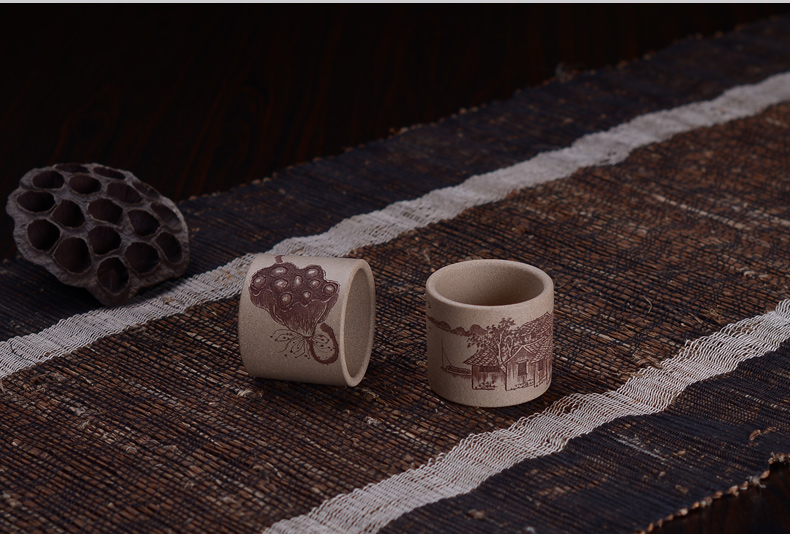 弘盛窑 全手工紫砂 茶杯 品茗杯 主人杯 功夫茶杯 手刻限量个人杯 青灰泥紫砂小杯 青灰泥莲蓬小号