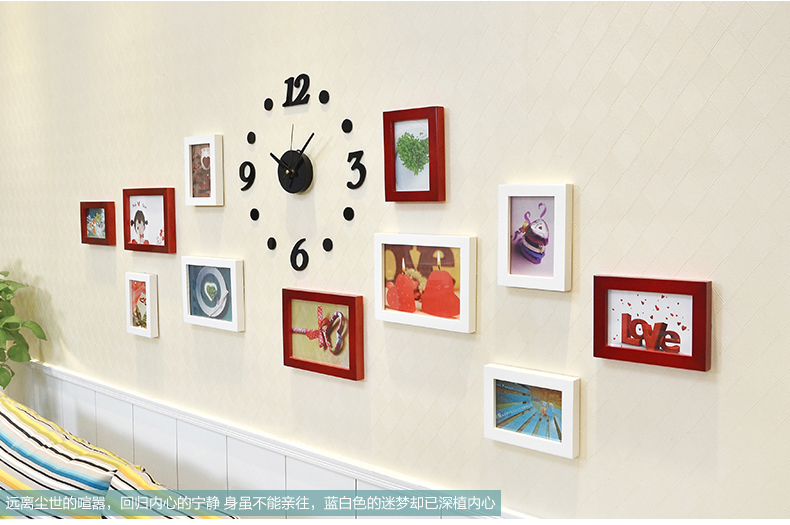古笛 实木钟表照片墙 创意相框墙 11框组合 小客厅相片墙11HD-11 黑白原胡4色灵动混搭+钟