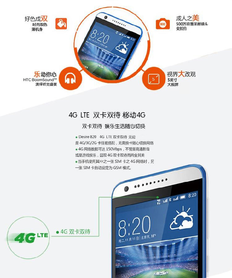 HTC  Desire  820系列   4G双卡双待手机   （8GB ROM） 镶蓝时尚灰 移动4G (820mt)