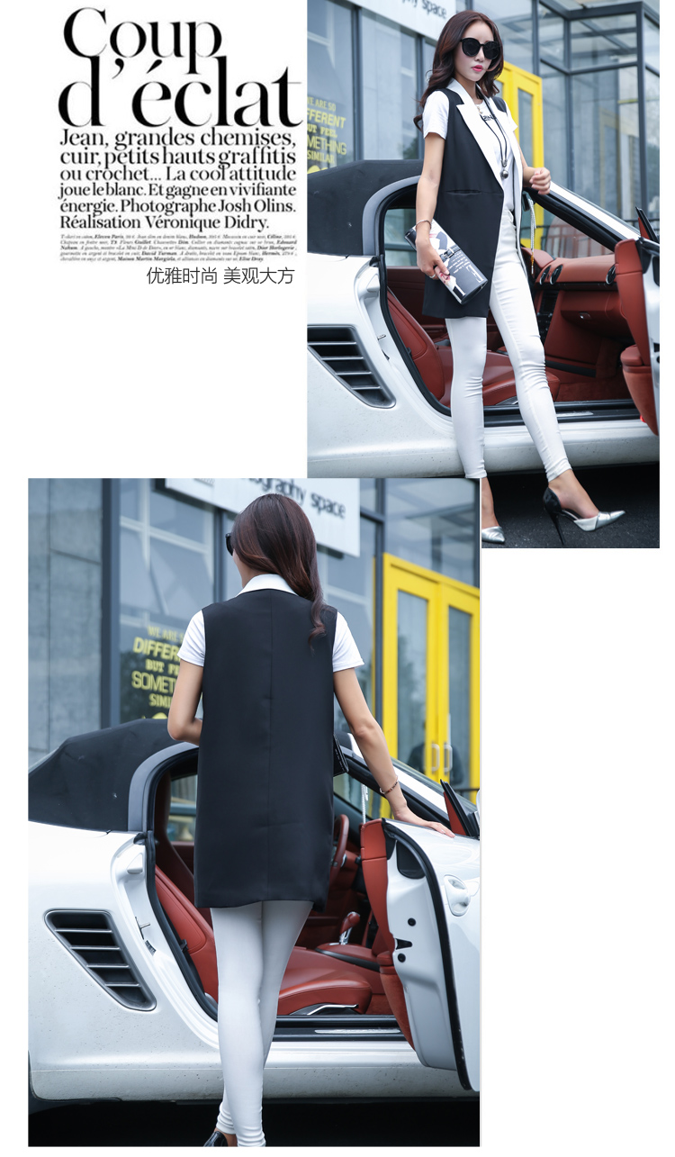 爱梵哲2015秋季欧美时尚中长款宽松显瘦无袖马甲小西装外套 黑色 XL