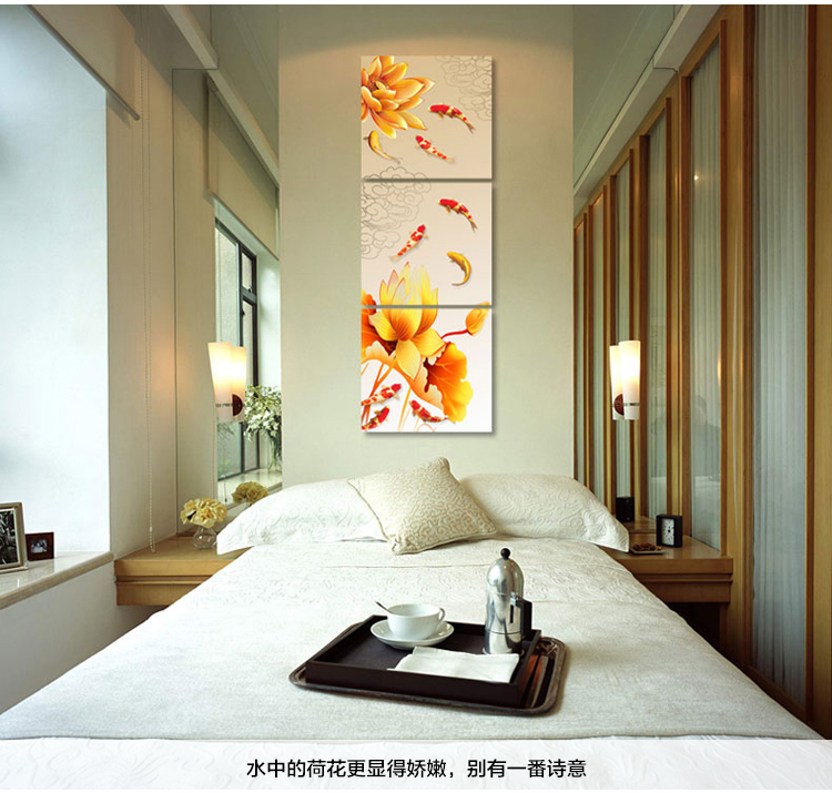 孖堡家居油画 客厅现代装饰画挂画壁画 荷花九鱼图竖版装饰画 无框画三联画一整套三件套 70cm*70cm*3副