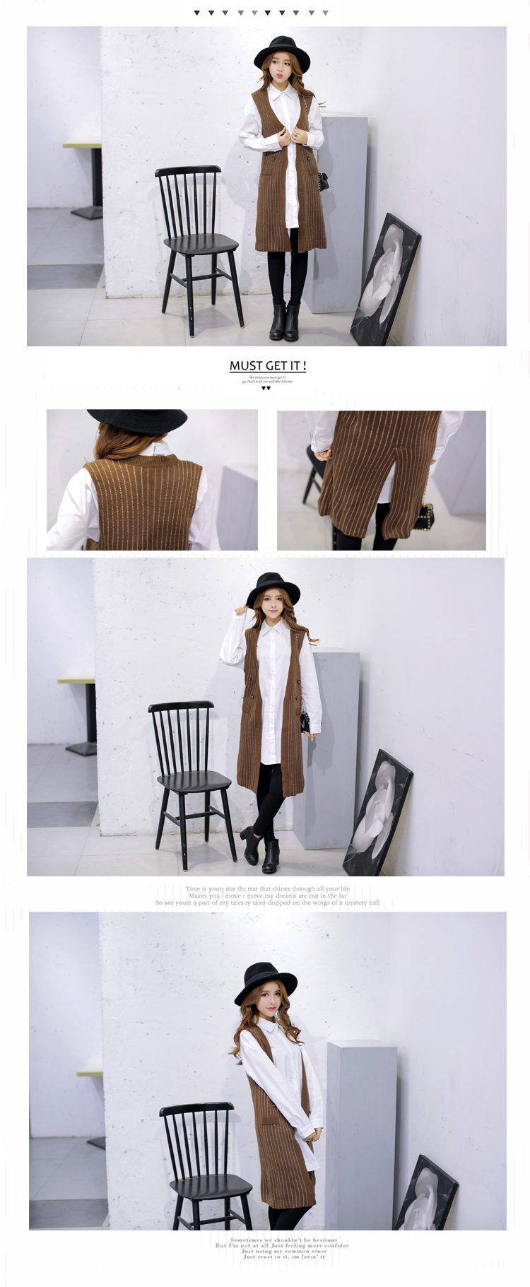 经典蜜雪 2015中长款竖条纹毛衣马夹开衫女马甲背心开叉 黑色 均码