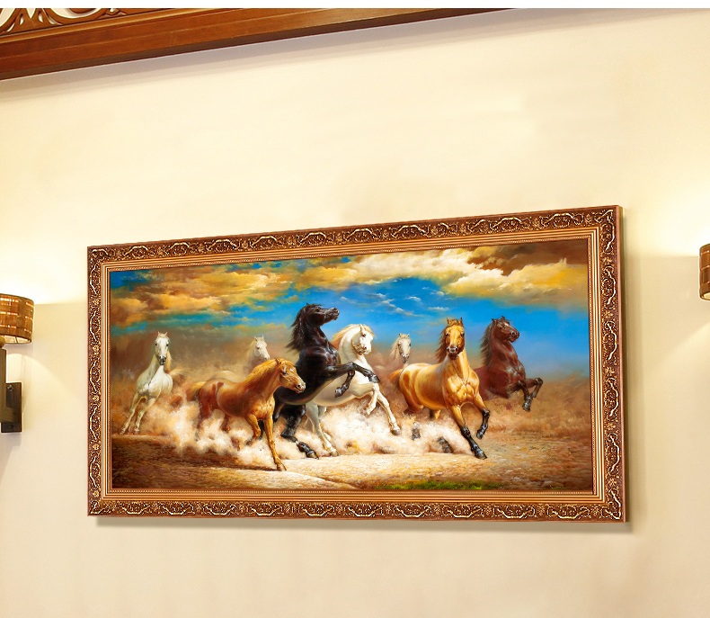 
                                        纵海艺术 客厅装饰画 办公室书房油画 沙发背景墙壁画 马到成功 八骏图 中式风水挂画 豪华款 90*170                