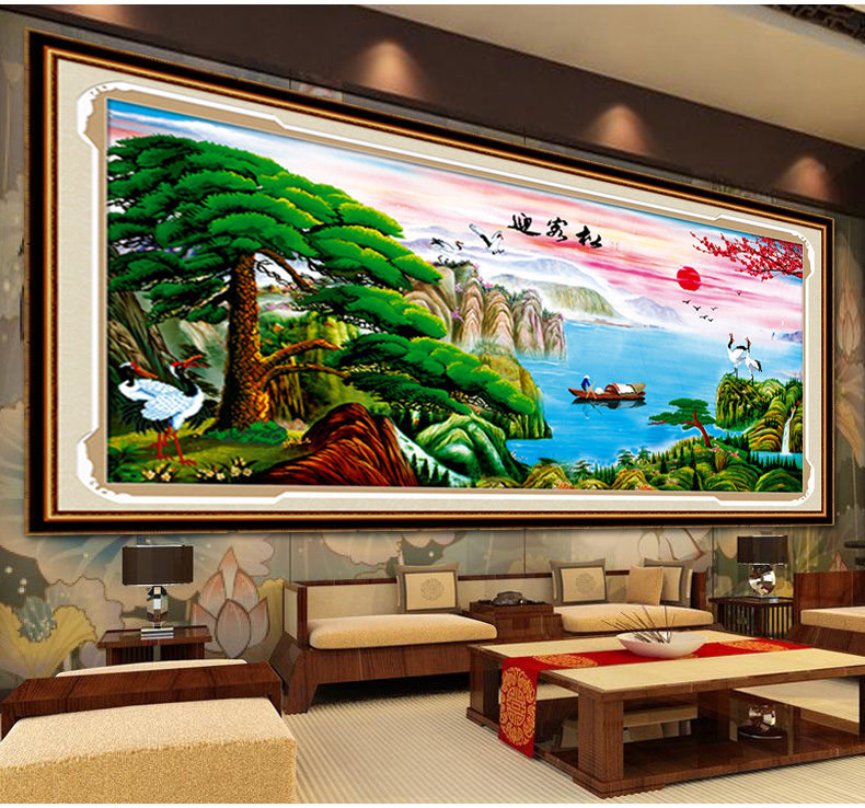 
                                        欧伦皇室粘钻十字绣钻石秀水晶钻石画迎客松钻石绣贴钻画新款大幅客厅风景系列大画餐厅点钻绣钻 Z236迎客松 鹤寿延年 尺寸长约159cm宽约84cm                