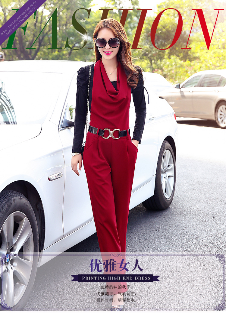 OEHE 2015秋冬新款韩版修身两件套女时尚显瘦堆堆领长袖套裤 酒红色 M