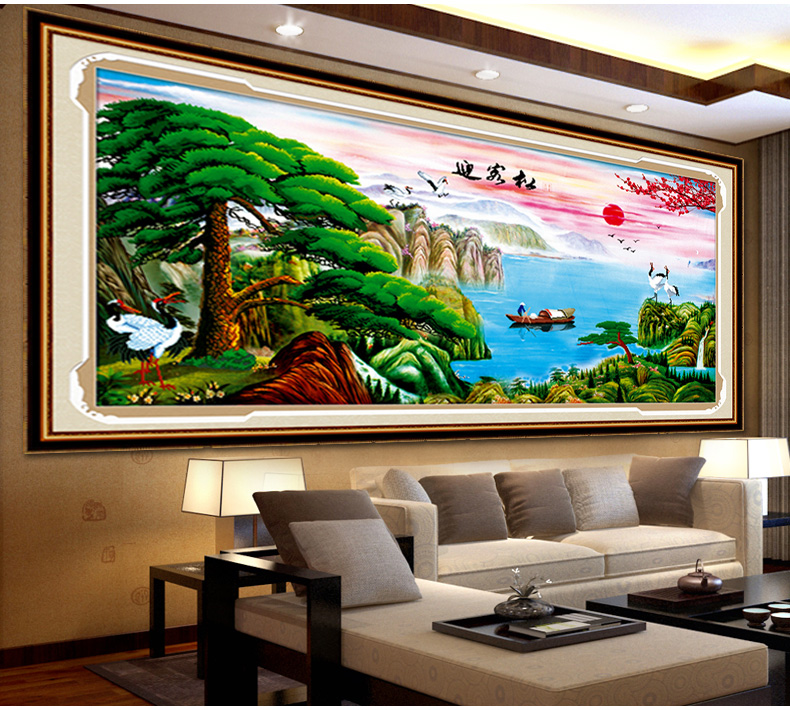 
                                        欧伦皇室粘钻十字绣钻石秀水晶钻石画迎客松钻石绣贴钻画新款大幅客厅风景系列大画餐厅点钻绣钻 Z236迎客松 鹤寿延年 尺寸长约159cm宽约84cm                
