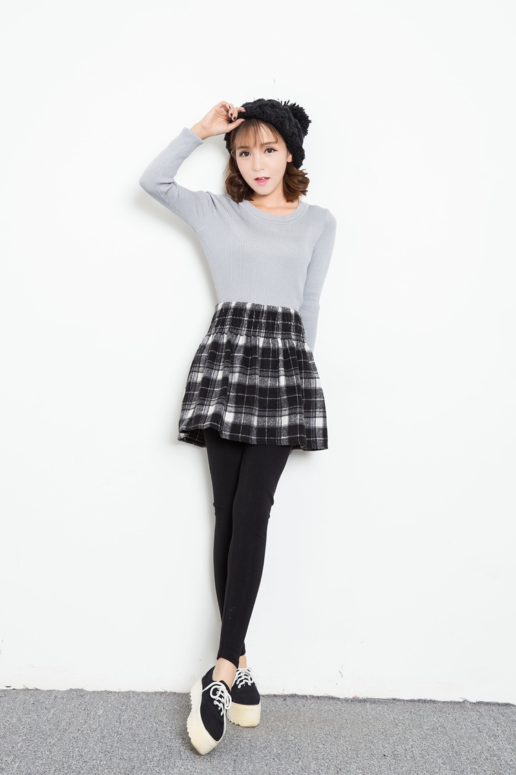 娇女坊  2015秋冬季新款假两件加绒加厚打底格子短裙修身紧身长裤裙裤女 红色 均码