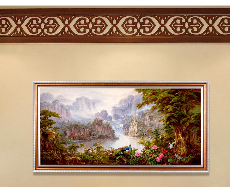 
                                        纵海艺术 办公室油画 聚财旺运 现代中式客厅沙发背景墙壁挂画 风景山水画 聚宝盆装饰画 标准款画框 80*160                