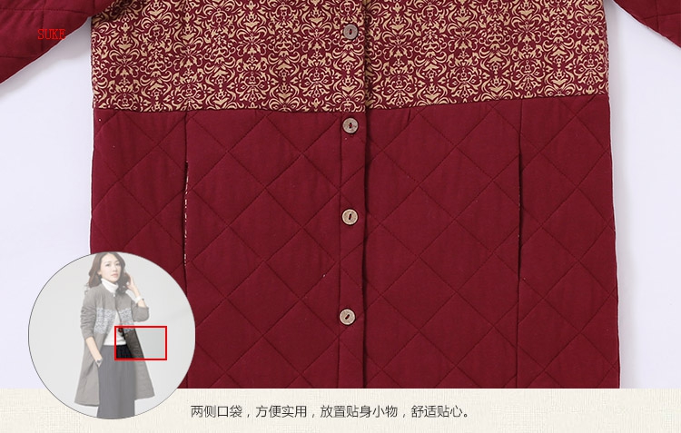 素珂2015冬装新款棉麻衬衫长袖印花加棉衬衣款风衣女 红色 M