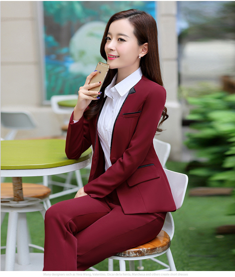 丹杰仕职业装女装长袖秋冬正装两件套长裤西装工作服商务休闲西服套装 枣红 S