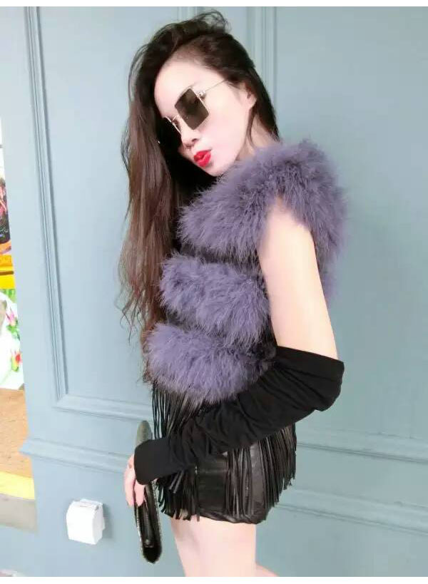 源夏仙    2015秋冬韩版新款毛流苏女款修身皮草毛马甲D 紫灰色 均码