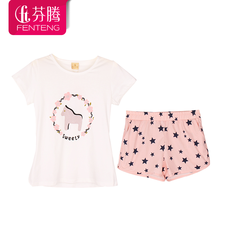 芬腾睡衣女夏2016夏季新款女士棉质短袖卡通外穿五角星...
