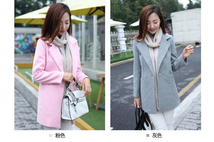 美丽帮派秋冬装新款韩版时尚修身中长款毛呢外套 868 粉色 M