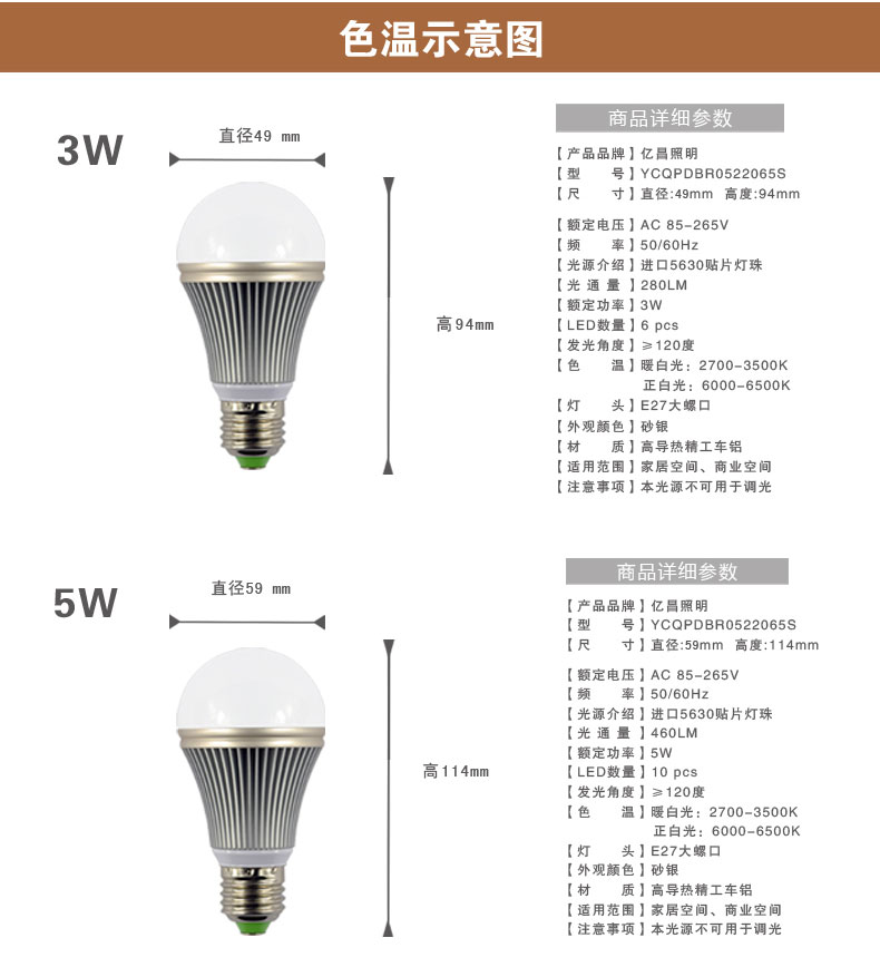 亿昌高档LED灯泡 球泡 3W E27大螺口 日光色 博锐5W 正白色