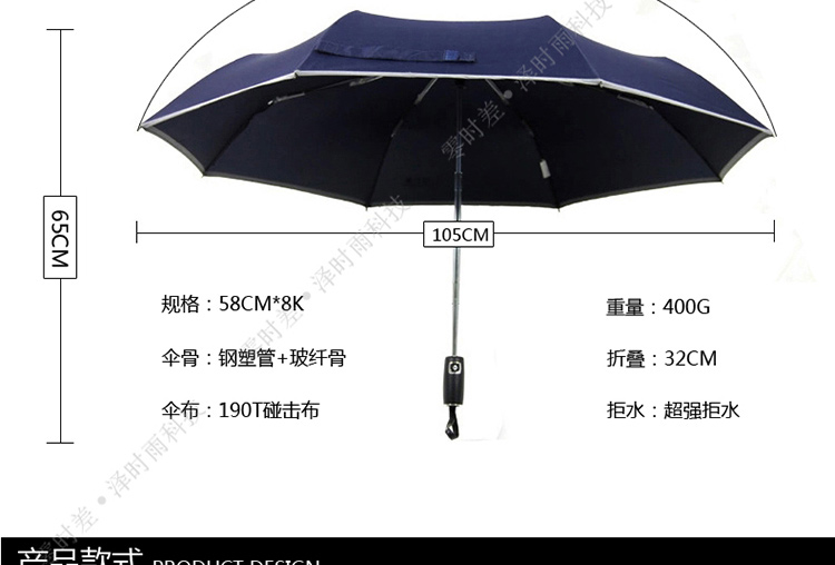 零时差创意3M夜行反光雨伞男士商务伞 全自动伞自开自收雨伞 超大女士折叠晴雨伞三折大伞超轻 全自动大号蓝色