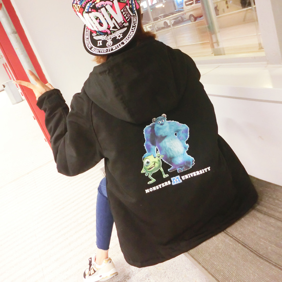 韩版怪兽大学宽松加厚棉服女中长款连帽冲锋棉衣外套冬学生FZ459 黑色 S