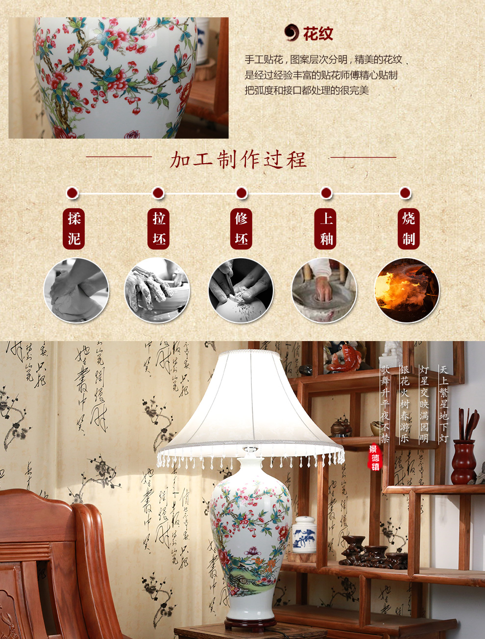 
                                        陶瓷器客厅装饰台灯 卧室床头灯具 喜庆田园灯饰送光源   景德镇 唐英 满园春色                