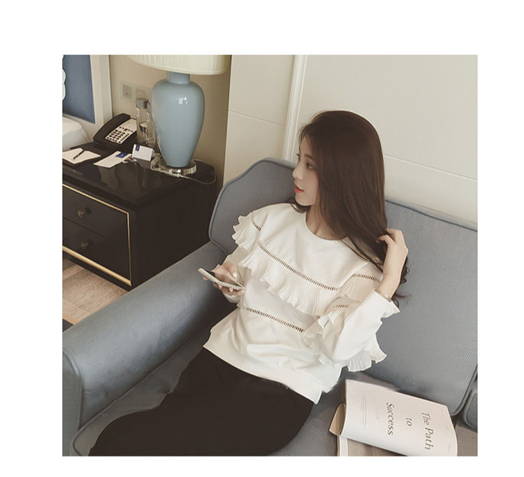 丹杰仕2015秋装韩国新款甜美镂空木耳花边圆领长袖宽松女款T80-P70 黑色 S