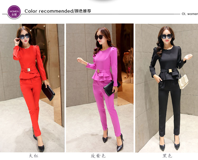 莎德妮 2015新款秋装时尚休闲套装女名媛长袖韩版修身显瘦两件套套裤潮休闲职业装长袖上衣 红色 M