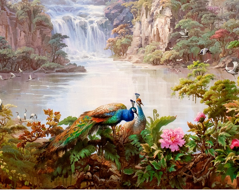 
                                        纵海艺术 办公室油画 聚财旺运 现代中式客厅沙发背景墙壁挂画 风景山水画 聚宝盆装饰画 标准款画框 80*160                