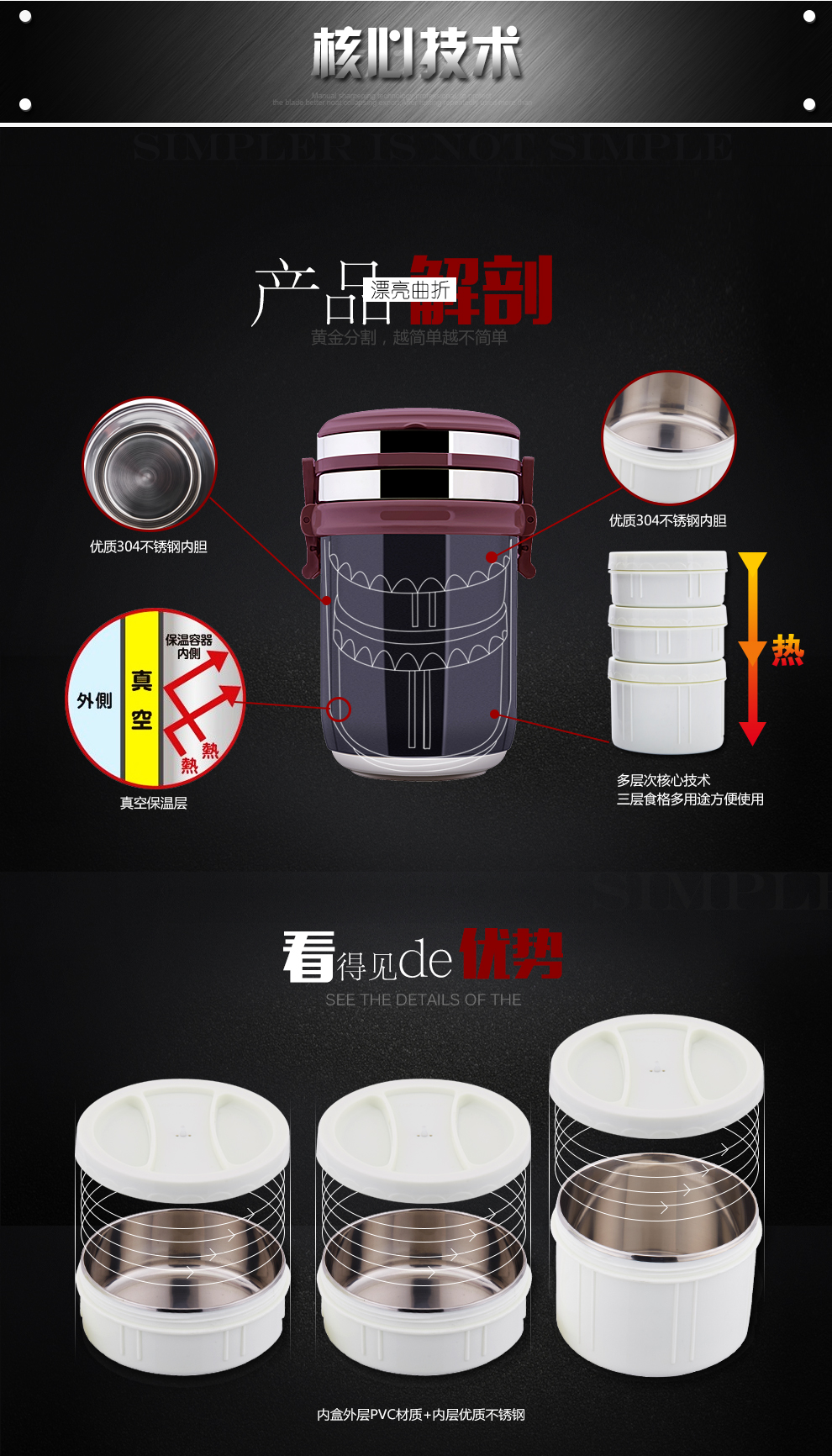 欧圣美304不锈钢 保温桶 三层2.2L 保温饭盒