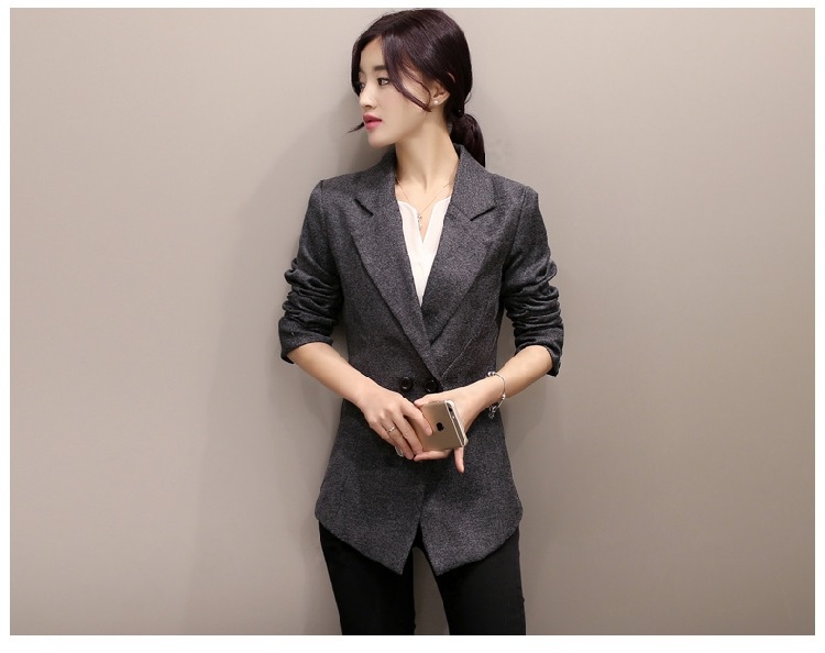 HI!JANE2016春秋季新款女士小西装长袖韩版外套秋装修身职业女装棉麻小西服女 黑色 XXL