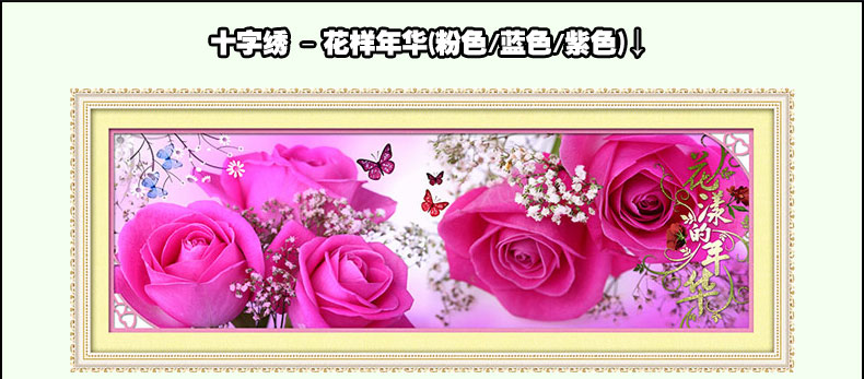 
                                        悠趣 花样年华 精准印花布 十字绣套件 花卉玫瑰 大幅温馨卧室客厅装饰挂画 粉色125*40CM生态棉线                