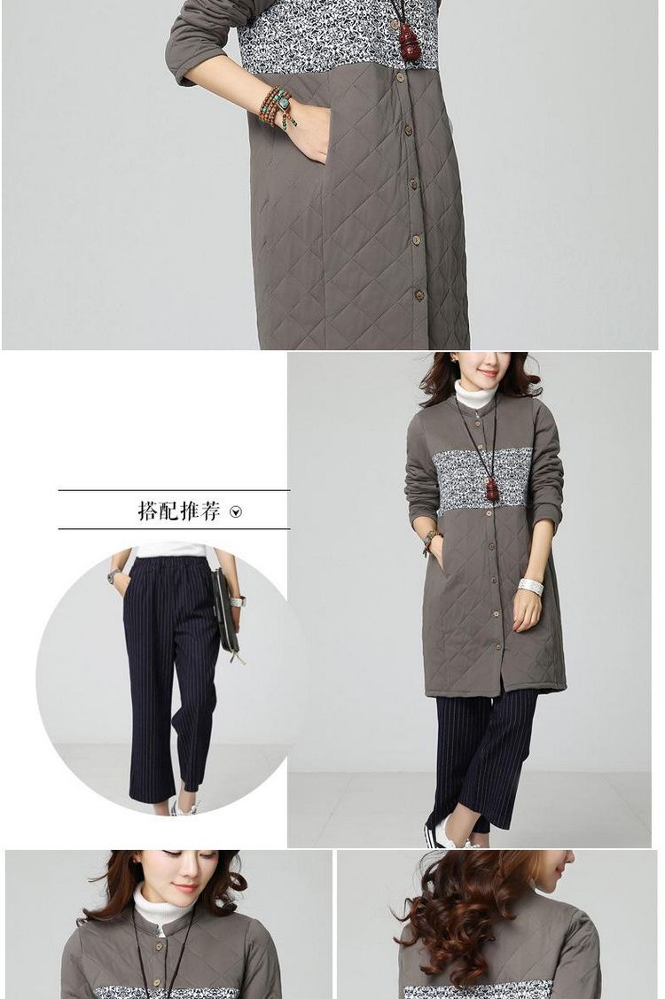 女人镜 2015冬装新款夹棉中长款大码棉衣宽松休闲风衣#N3062 藏青色 L