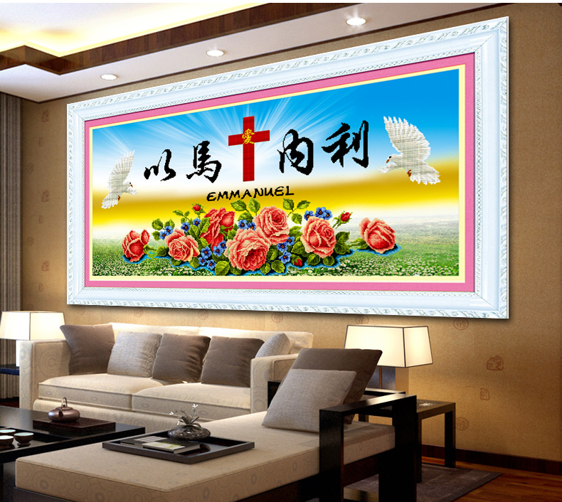 
                                        鸿胤蒙娜丽莎点钻十字绣钻石画基督教十字架以马内利钻石绣魔方钻5d圆钻贴钻画客厅餐厅挂画系列 QT6410 长1.00米*宽0.50米                