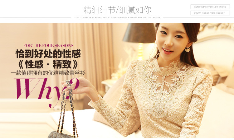珞俐娅 蕾丝衫2015秋装新款韩版潮加绒加厚蕾丝打底衫女长袖长款T恤上衣 黑色 XL