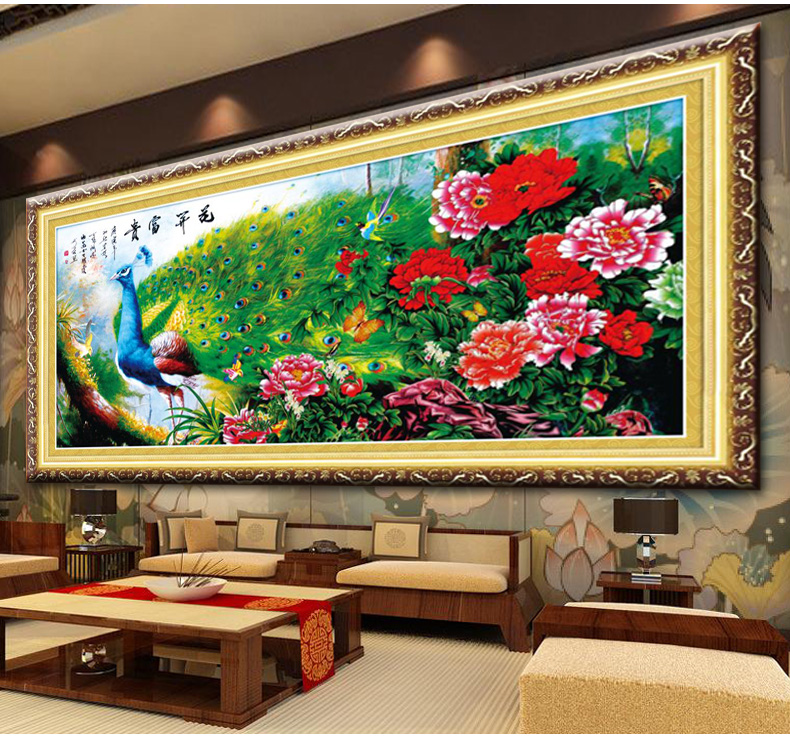 鸿胤皇室蒙娜丽莎十字绣孔雀开屏图花开富贵孔雀客厅十字绣画印花新款十字绣牡丹花系列画 YA435 长1.80米*宽0.80米