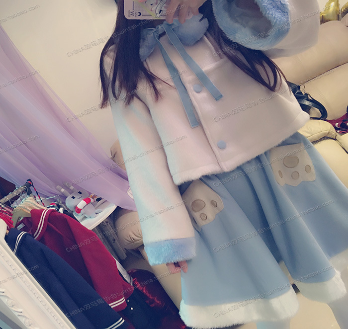 物不二2015北极熊日系软妹可爱毛呢大衣外套棉服套装6039 半裙 均码