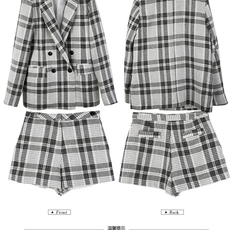 靓莎绮2015秋冬韩版个性长袖宽松直筒格子西服套装+外套两件套Y3614 深灰色 L