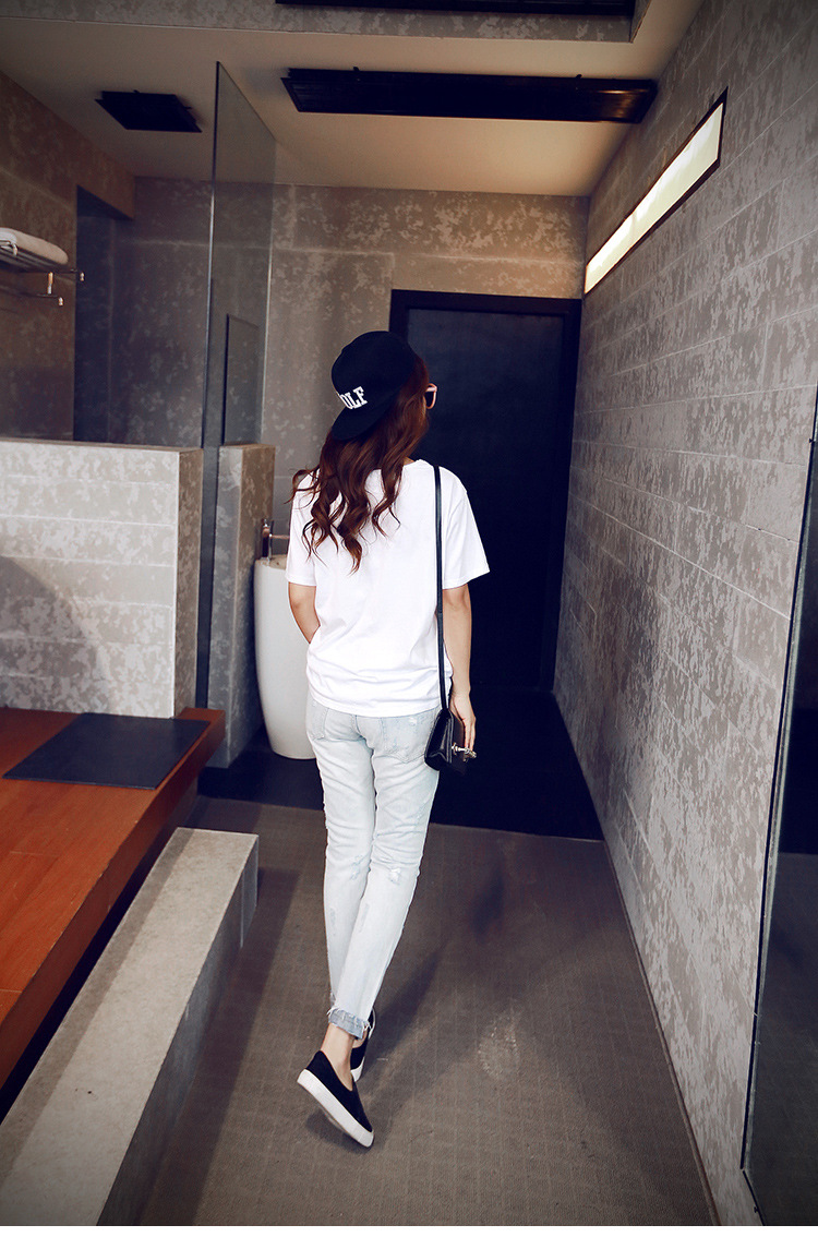 柳媛修身显瘦哈伦裤九分裤宽松破洞牛仔裤女新款棉5296 浅蓝色 30