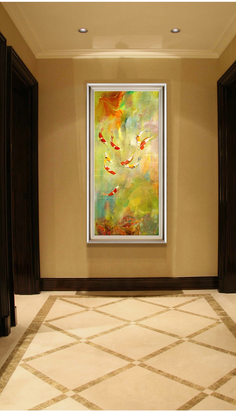 
                                        纵海艺术 办公室挂画 风水中式竖版装饰画 客厅走廊过道墙画壁画 现代简约玄关画 九鱼图油画 PS香槟银框 80*160                