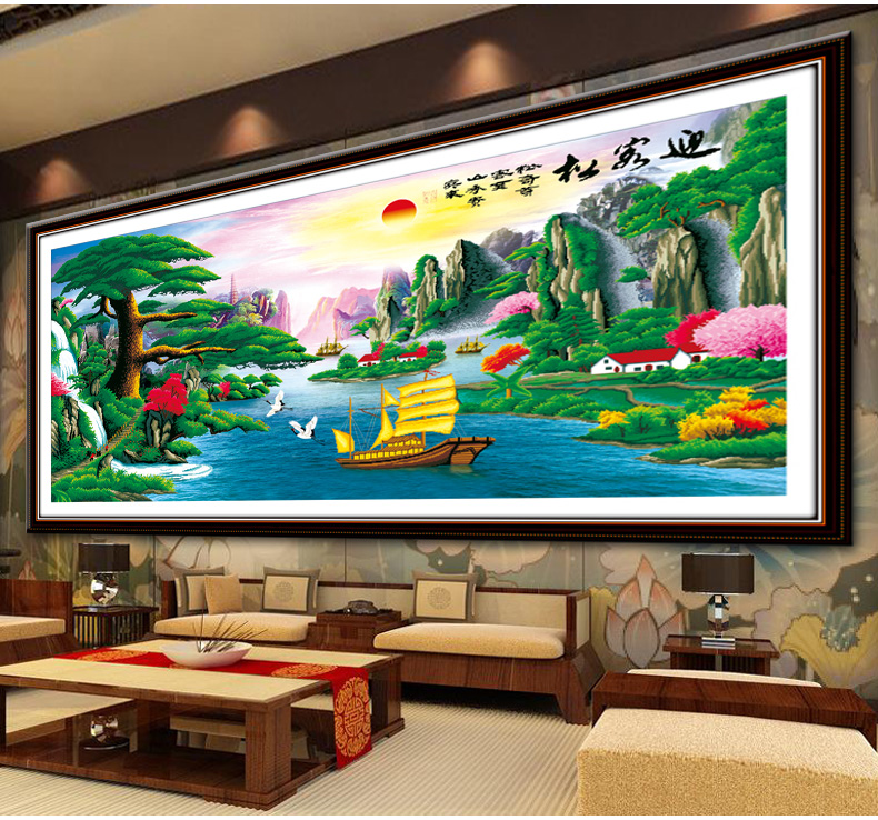 鸿胤皇室蒙娜丽莎3D十字绣迎客松2米新款3D客厅十字绣风景系列精准印花山水画客厅十字绣画 V8009 长1.93米*宽1.07米