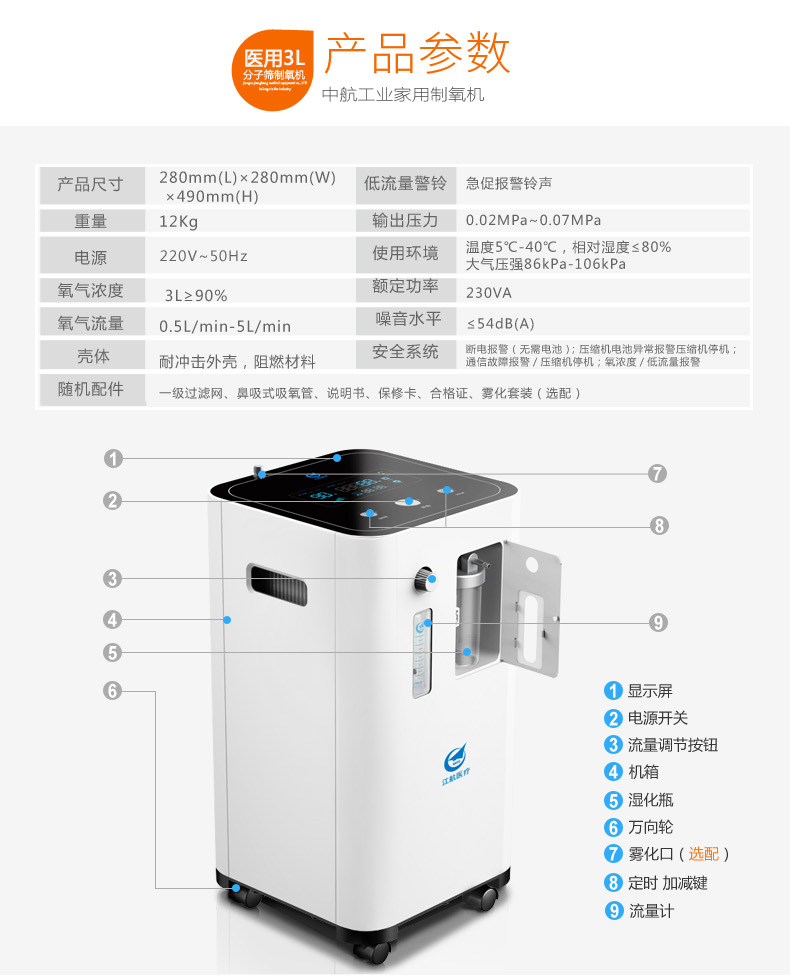 江航家用制氧机 医用氧气机老人吸氧机3l zh-a36 带雾化(zh-a36雾化版