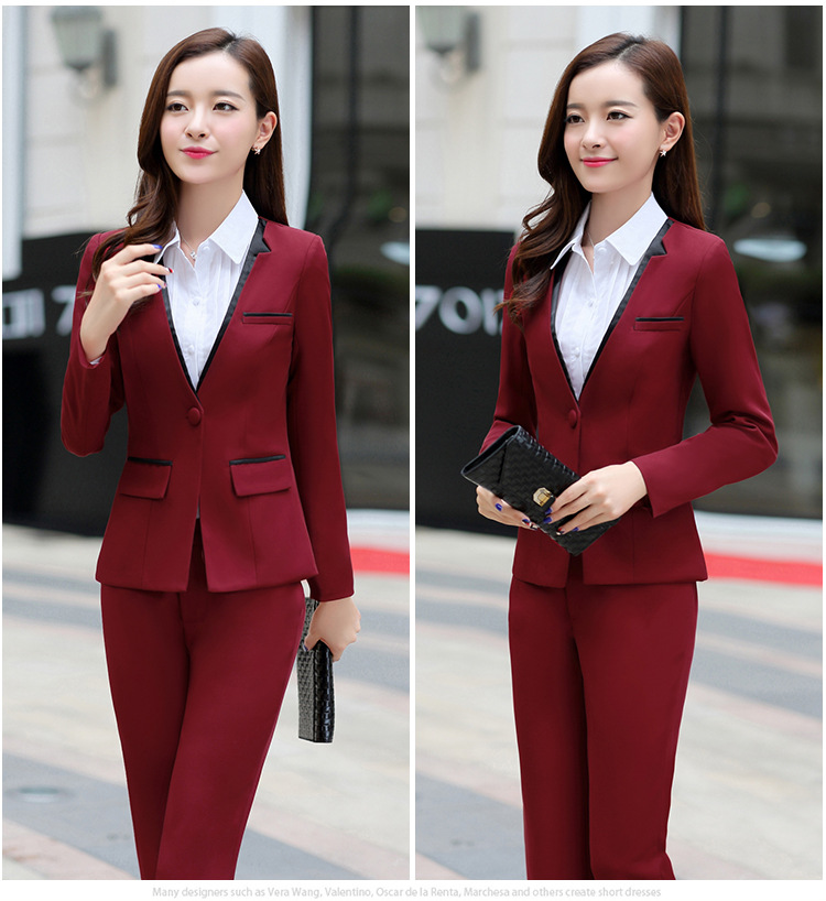 丹杰仕职业装女装长袖秋冬正装两件套长裤西装工作服商务休闲西服套装 枣红 S