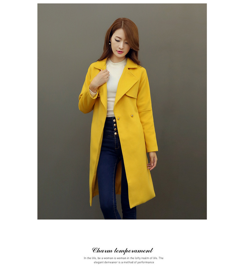 贝蕾曼2015冬季新款毛呢外套女中长款韩版大衣修身显瘦纯色 蓝色 L