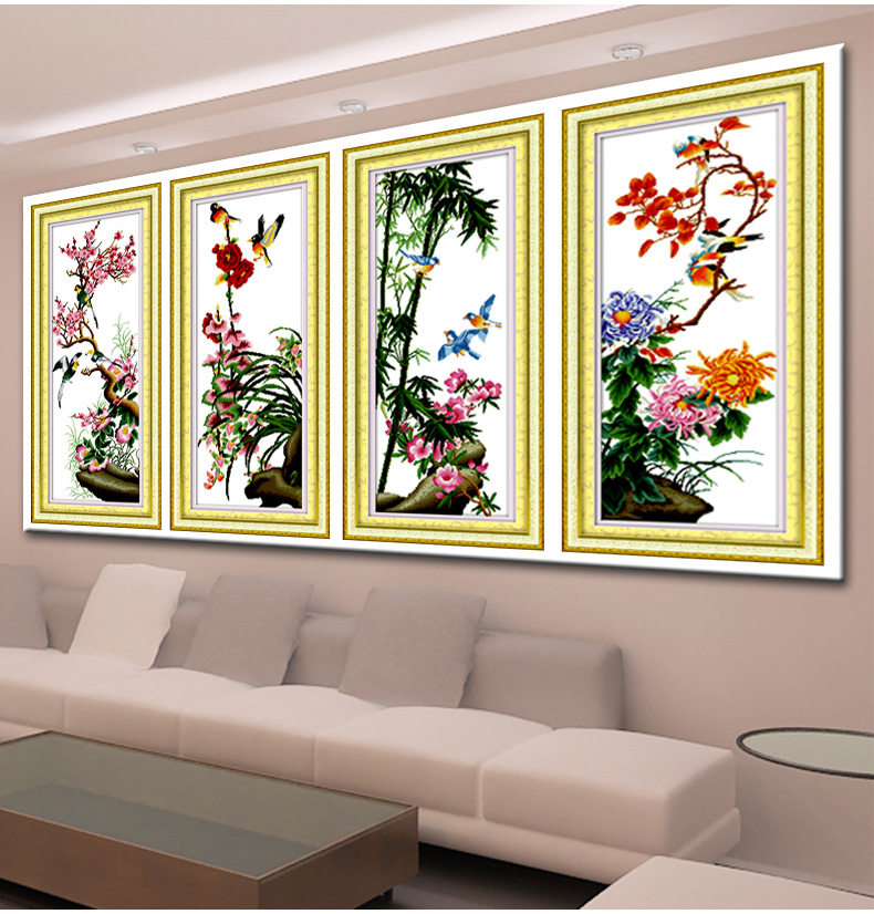 A KS点钻十字绣套件新款钻石绣贴钻画梅兰竹菊钻石画竖版圆钻客厅四联画系列水晶钻石秀钻粘画 QT6371兰 长0.45米*宽0.98米